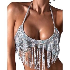 NWT WDIRARA Womens Sequin Fringe Halter Bikini Top Silver Holographic Festival S
